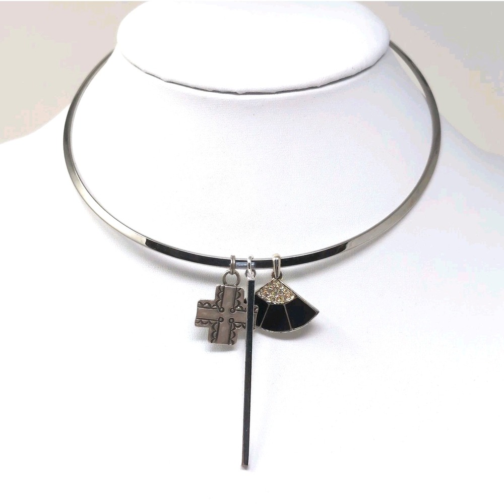 Silver Tone Rigid Collar Choker Necklace w/ 3 Interchangeable Pendants Cross Bar